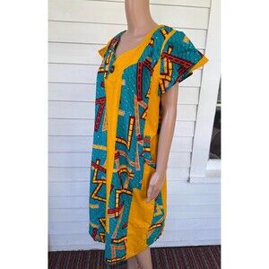 African Print Dress Bold Geometric Yellow Midi Summer M L